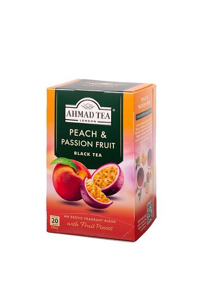 Ahmad Tea أكياس شاي الشاي الأسود والخوخ والفاكهة العاطفية، 20 كيسًا (عبوة واحدة) - خالية من الكافيين والسكر