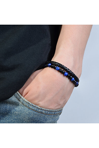 Choice سوار من الفولاذ المقاوم للصدأ مكون من قطعة واحدة من حجر اللازورد وخرز ...