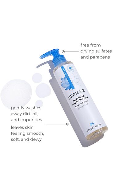 DERMA E Hydrating Gentle Cleanser with Hyaluronic Acid – Moisturizing Facial Cleanser, 6 fl oz