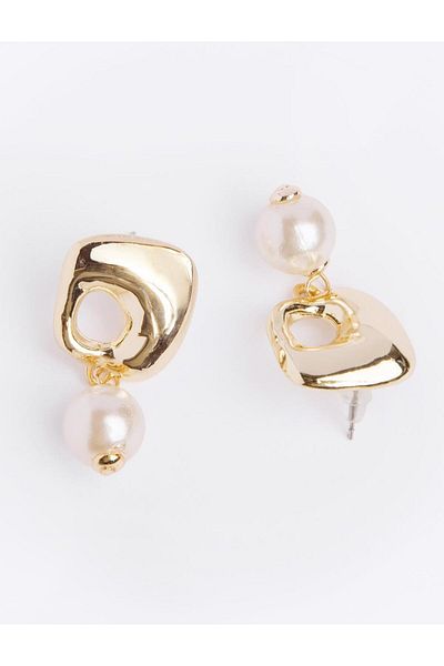 Jimmy Key Gold Color Pearl Detailed Shiny Hanging Earrings