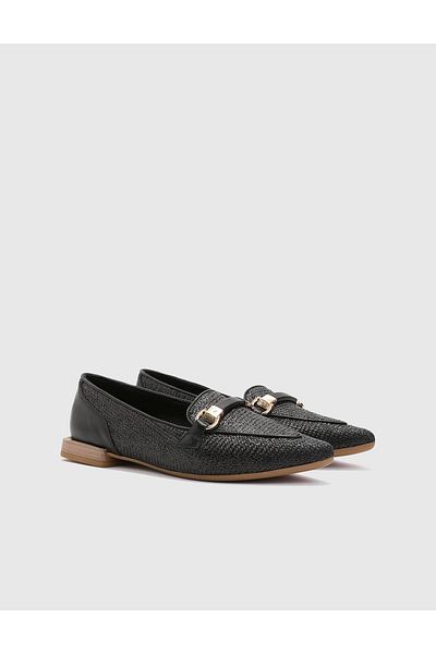 İLVİ Andra Genuine Leather Straw Women's Black Loafer Shoes