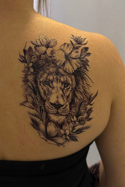 TAKIŞTIR Geçici Aslan Ve Çiçek Figürlü Büyük Boy Dövme Tattoo