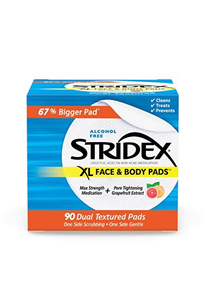 Stridex مناديل الوجه والجسم XL، 90 قطعة، قوة قصوى، خالية من الكحول، علاج حب ا...