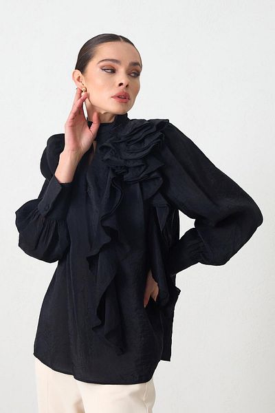 Setre Black Collar Rose and Neck Detailed Long Sleeve Comfortable Fit Blouse