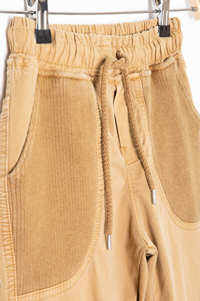 Cansın Mini Hardal Cebi Dokuma Detaylı Beli Lastikli Erkek Çocuk Keten Pantolon 20416