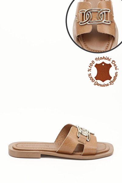 GÖNDERİ(R) Women / Girls Tan Buckle Genuine Leather Slippers