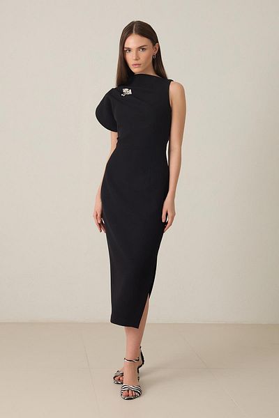 Setre Black One Shoulder Detailed Full Mold Midi Length Dress