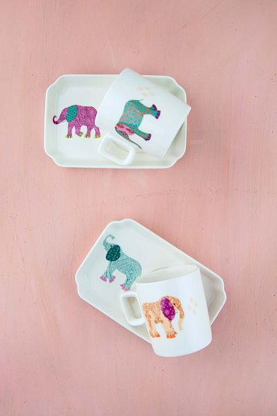 Bursa Porselen Dekor Colorful Elephant Two People Porcelain Coffee Cup Suit