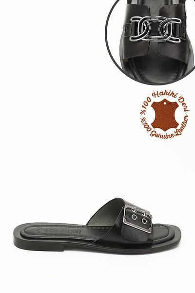 GÖNDERİ(R) Women / Girls Black Buckle Single Strap Genuine Leather Slippers