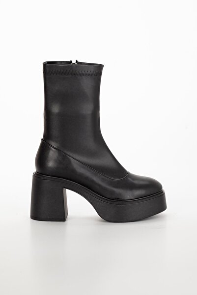 Genel Markalar Cindy Streç Topuklu Platform Bayan Bot Siyah Cilt