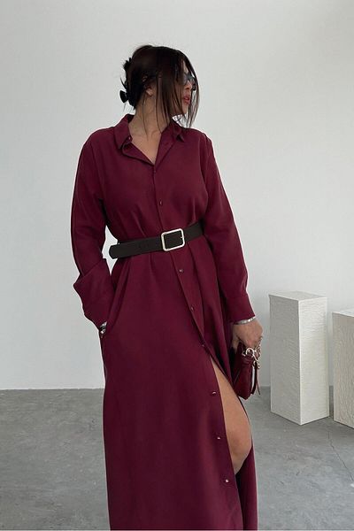 ELVAN TOLON Rochie cămașă cu curea burgundy