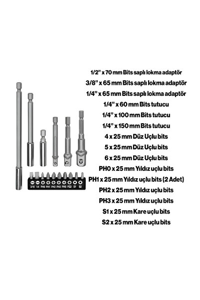 Badem10 Mıknatıslı Bits Uç Adaptör Seti 16 Parça 1/4 1/2 3/8 1/4 Yıldız Düz Uçlar S1 S2 PH Uç Matkap Uyumlu