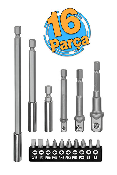 Badem10 Mıknatıslı Bits Uç Adaptör Seti 16 Parça 1/4 1/2 3/8 1/4 Yıldız Düz Uçlar S1 S2 PH Uç Matkap Uyumlu
