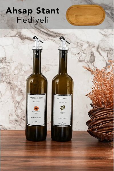 BLUE SİDE 750 ml 2 Pack Retro Style Wooden Stand Gift 2 Pack Olive Oil and Sunflower Oil