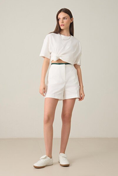 Setre Ekru %100 Pamuk Belden Şerit Detaylı Rahat Kesim Mini Şort