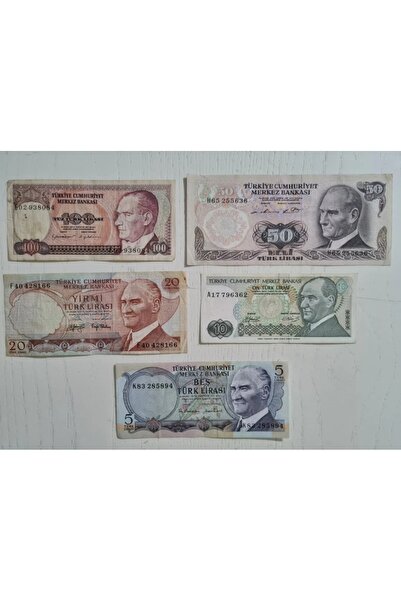 Edi Antik 5 Adet Eski Dönem Yerli Banknot Para. 5 10 20 50 ve 100 Türk Lirası