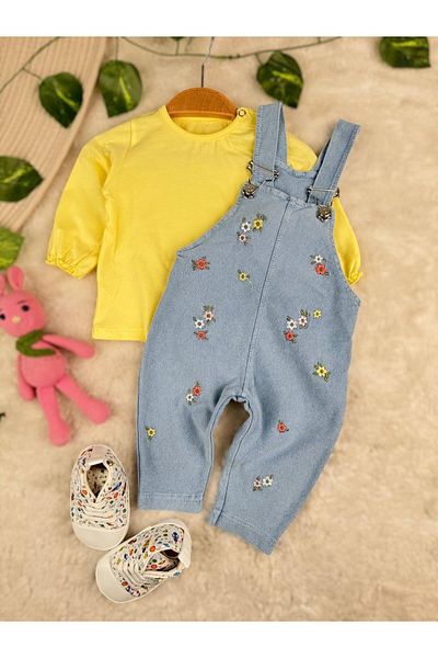 Minizade Flower Embroidered Soft Lycra Organic Denim Salopet Badili 2-Piece Set Jumpsuit