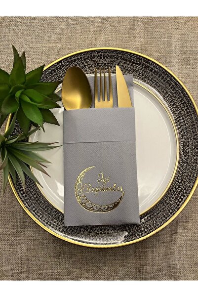 kidspartim Gold Yaldızlı Gri Kumaş Hissi Dokulu İyi Bayramlar Cepli Peçete 6 ...