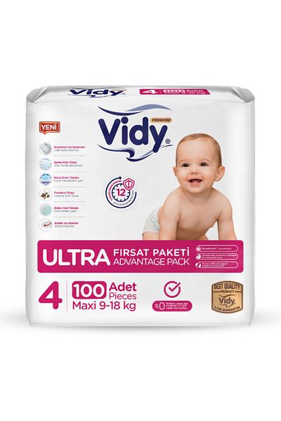 Vidy Baby Diaper Size 4 Maxi Premium 100 Pieces Ultra Economical/9-18 Kg/Leak Proof Absorbent Hypoallergenic