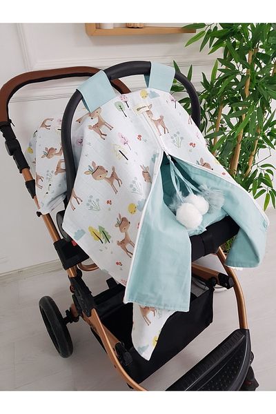 ilkimbebe Ceylanlı Ponpon Buho Double Sided Zippered Baby Stroller Cover and Cushion