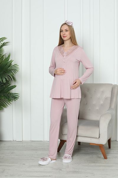 ERDENİZ TEKSTİL Maternity Pajama Set V Neck Buttoned Lace Detail Suitable for Breastfeeding Long Sleeve 2 Piece