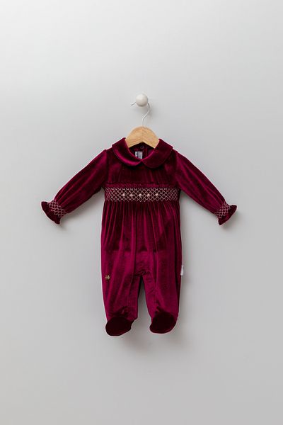 Babydola 0-12 Months Floral Embroidered Velvet Booties Baby Girl Holiday Gift Jumpsuit Claret Red 13479