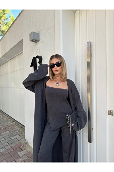 ForOre 3'LÜ BORDO TRİKO HIRKA BLUZ PANTOLON TAKIM