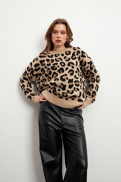 Bipantolon Pulover oversize de bază cu textura moale cu imprimeu leopard pentru femei