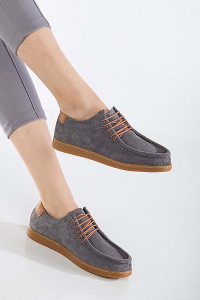 ANALİN SHOES Gray Suede Women's Genuine Leather Casual Lace-Up Shoes