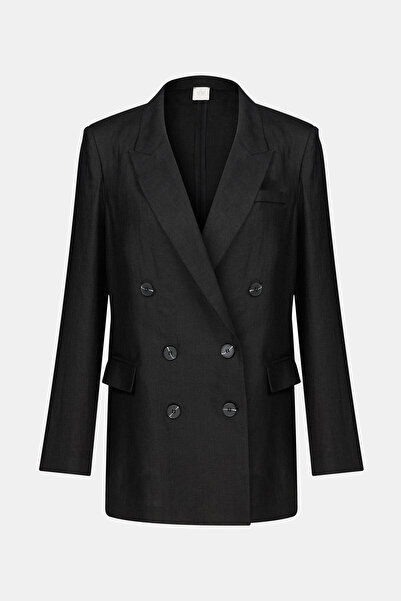 W Collection SİYAH KIRLANGIÇ YAKA DÜĞMELİ KETEN CEKET