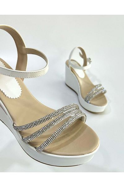 Bulut Ayakkabı Bulutmod Ba04099 White Women's Three Stone Evening Dress Daily Wedge Heeled Shoes - White - 38