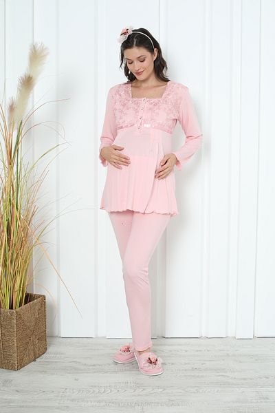 ERDENİZ TEKSTİL Maternity Pajama Set Long Sleeve Buttoned Pool Collar Breastfeeding Lace / Satin Detailed 2-Piece Maternity Set