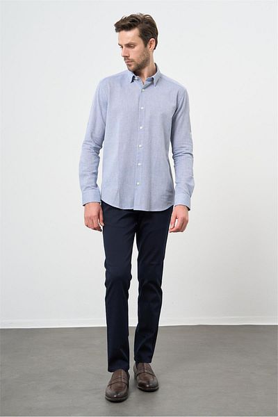 İmza Blue Slim Fit One Sleeve Collar Cotton Casual Shirt 1004240202