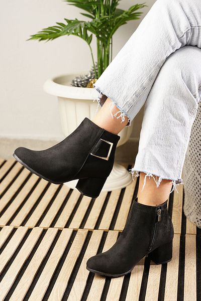 İmerShoes Μαύρες σουέτ καθημερινές μπότες - αγκράφα, φερμουάρ, χοντρό ψηλό τακούνι 4698 02