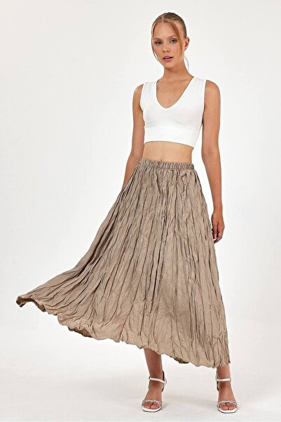 Brood Crinkle Fabric Crash Pleated Summer Maxi Skirt with Elastic Waist