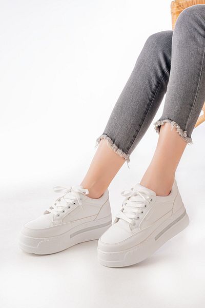 İnfon Ayakkabı Marketi Fln-1999 White Laced Sole Casual Sneakers with Stone Accessories