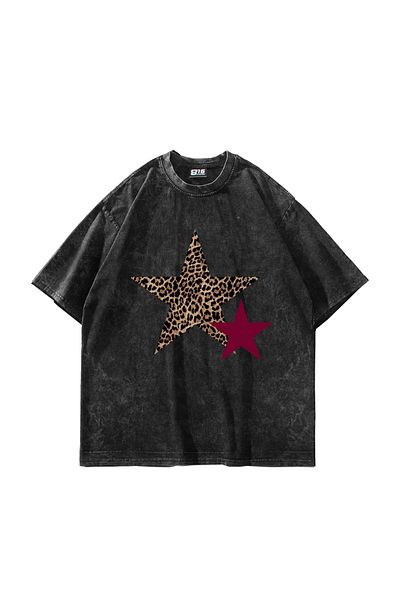 Sekizbiraltı Y2k Leopard Starz Printed Oversize Unisex Μαύρο Tshirt που πλένεται