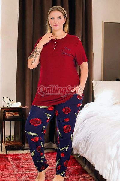 quilling Navy Blue - Burgundy Color and Flower Pattern 11001 Short-Sleeve Women's Plus Size Mother Pajamas Set