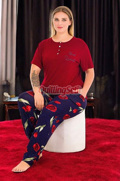quilling Navy Blue - Burgundy Color and Flower Pattern 11001 Short-Sleeve Women's Plus Size Mother Pajamas Set