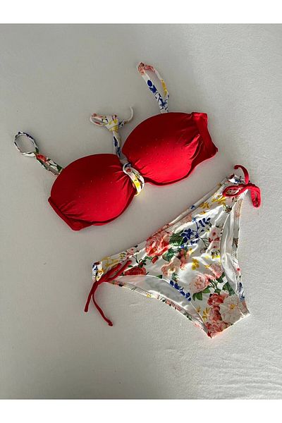 hazelin Women's Red Stone Embroidered Lined Bikini Suit Hzl25S-Lc208