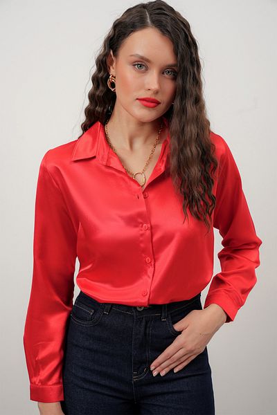 Merterium Women's Red Satin Shirt Wide Size Range