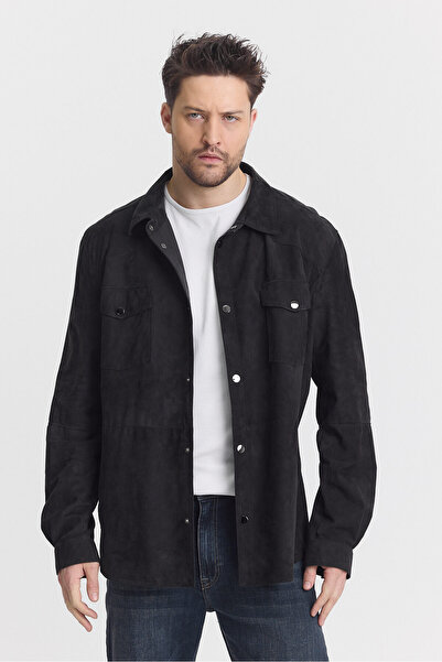 Orkır collection Siyah Hakiki Oğlak Derisi Süet Erkek Gömlek