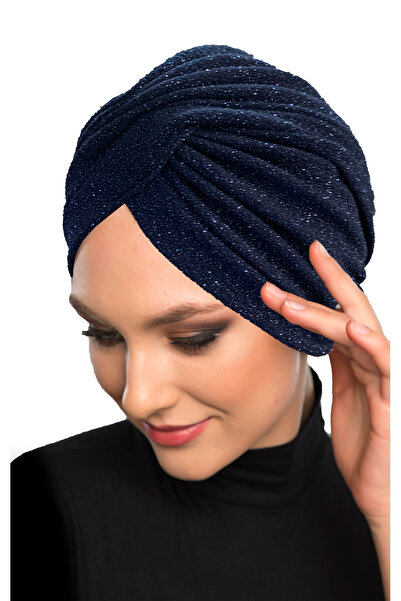 fidan bone Çapraz Fukuro Simli Astarlı Lacivert Hazır Türban Tesettür Abiye Bone