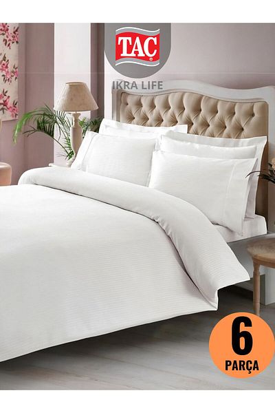 Taç Premium Basic Stripe White Satin Double Duvet Cover Set
