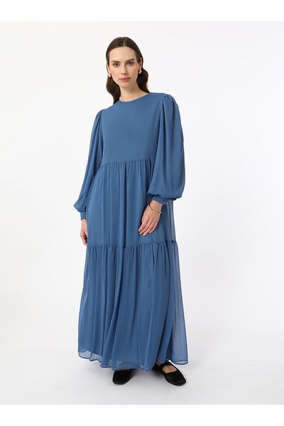 Benin Balloon Sleeve Lined Chiffon Hijab Dress - Indigo - Benin