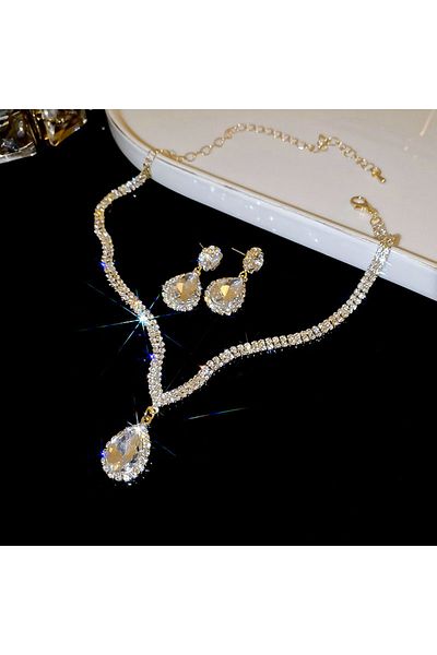 Choice Gold color Shiny Full Rhinestone Necklace Drop Earrings Set Water Droplet Shaped Pendant Necklace Fo