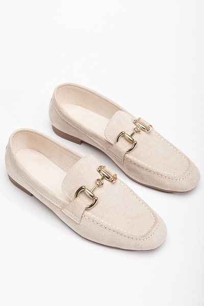 DENORA حذاء راقصة الباليه بدون كعب من جلد الغزال باللون البيج غير اللامع