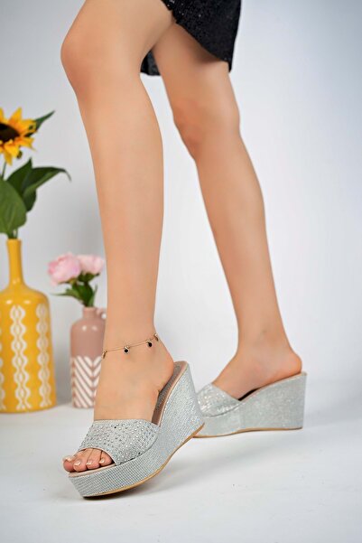 bulutmod BA04266 Gümüş Kadın Taşlı Abiye Gelinlik Günlük Dolgu 9cm Topuklu Terlik - Gümüş - 37