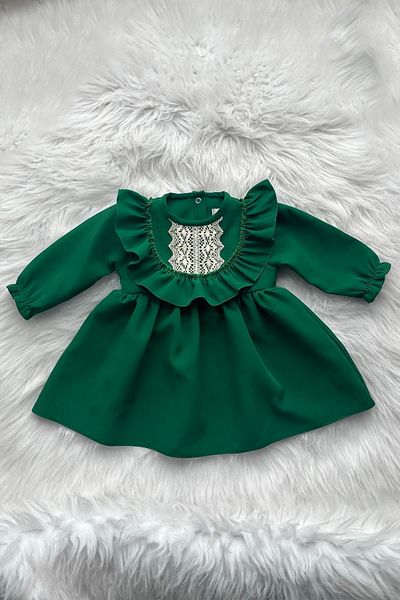 Bertuğ Bebek Dark Green Girl's Baby Crepe Dress with Lace and Ruffle Detail