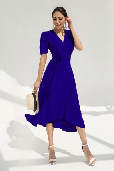 Kokosh moda Γυναικείο κοντομάνικο κρεπ μίντι φόρεμα με διπλό γιακά